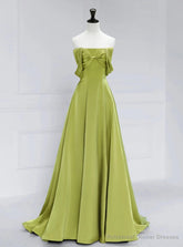 Simple Green Satin Off the Shoulder Pleats Prom Dress